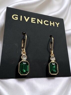 Givenchy Gold Tone Emerald Green Octagon Crystal Drop Leverback Earrings